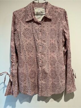 Cino Cotton Silk Pink Medallion Tie Sleeve Fabric Button Blouse Medium